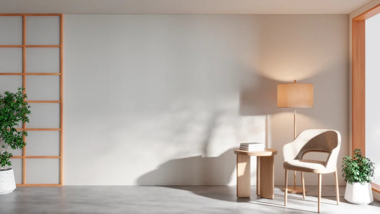 Strak gestuukte lichte wand met houten raamwerk, fauteuil en staande lamp