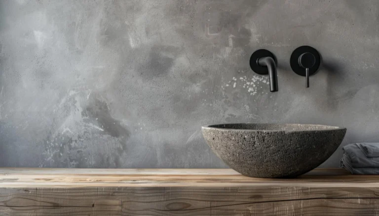 Beton ciré wand in een badkamer met zwarte inbouwkranen en een stenen waskom