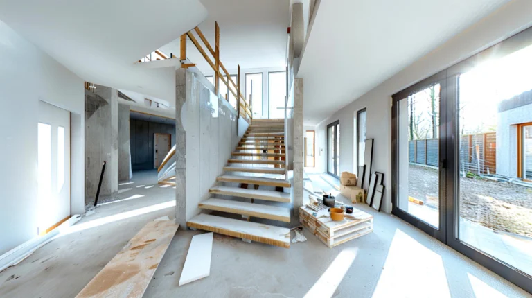 Renovatie van een woning met betonnen trap, ruwe vloer en grote glazen pui